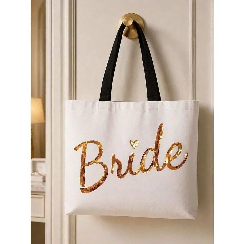 Bride Sequin Tote Bag in White and Gold